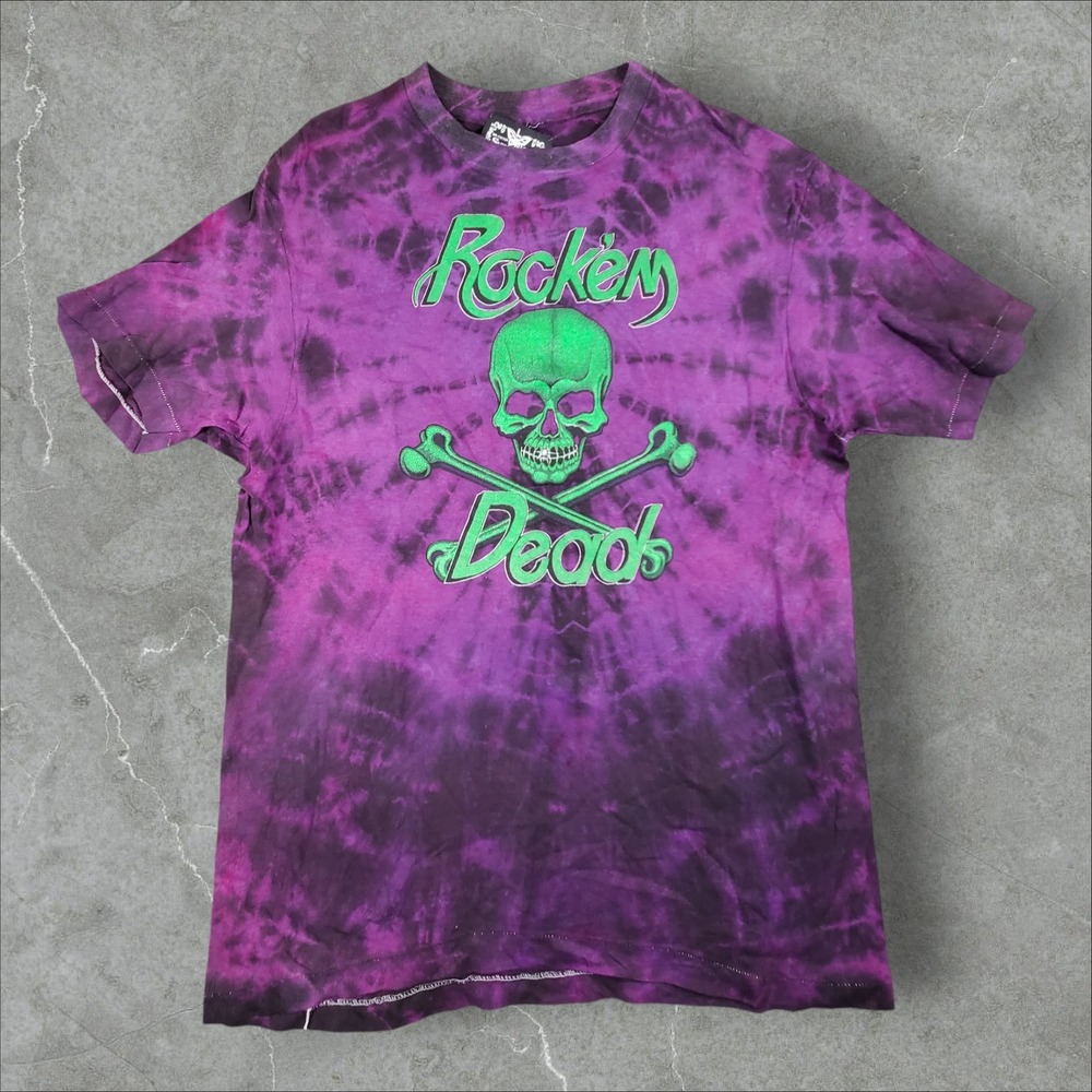 Symmetria T-Shirt Mens Large Purple Tie Dye Rockin Dead Skull Single Stitch 90s